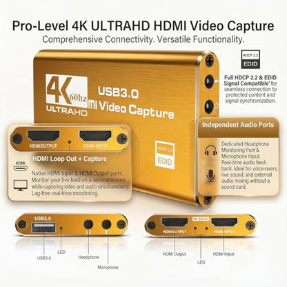 Video Capture Card, Audio Video Capture Card, USB 3.0 Capture Card 4K HDMI Loop-Out, 1080P 60FPS Video Game Capture for Streaming Works for PS5/Switch/Camera/PC/OBS (Golden) - color: Golden