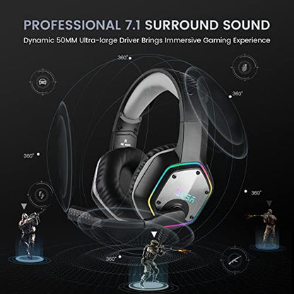 EKSA E1000 USB PC Gaming Headset with Mic, 7.1 Surround Sound | Computer Headphones with Microphone Noise Cancelling, RGB Light, Wired Headphones for PS4, PS5 Console, Laptop, Call Center - color: Grey