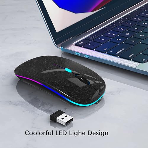 WREANU Wireless Bluetooth Mouse Rechargeable Laptop Mice with LED Lights Silent Slim Use(BT5.2 and 2.4G Portable USB Receiver)Dual Mode Computer Mouse for Laptop/iPad/Tablet/Apple/PC/Mac(Pearl Black) - color: Pearl Black