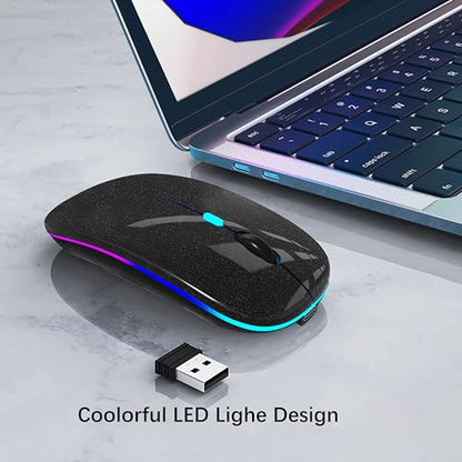 WREANU Wireless Bluetooth Mouse Rechargeable Laptop Mice with LED Lights Silent Slim Use(BT5.2 and 2.4G Portable USB Receiver)Dual Mode Computer Mouse for Laptop/iPad/Tablet/Apple/PC/Mac(Pearl Black) - color: Pearl Black