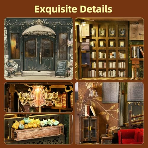 MiniCity Saisons Cafe Book Nook Kit, 3D Wooden Bookshelf Puzzle with LED | 347-piece DIY book nook with LED and dust cover; glue/tools and guide included; 8-10 hr build for home decor, ages 14+. - style: Saisons Café