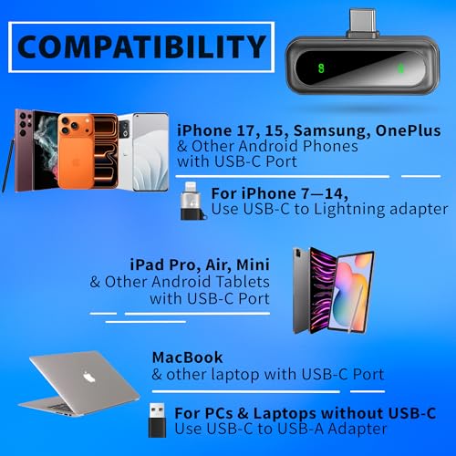 Wireless Lavalier Microphone for iPhone Mini Mic Android/Tablet/PC Video Recording Clip-on Mics with Rotatable Clip&Denoise Recording, Ideal for Vlog Tiktok Youtube Podcast Content Creator