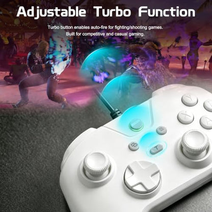 Joso Wired Gaming Controller with 1000Hz Polling Rate, USB Gamepad for Android, Switch, PC & PS4, Turbo and Adjustable Dual Vibration, 6.6-Foot Cable, USB C Adapter Included - color: White