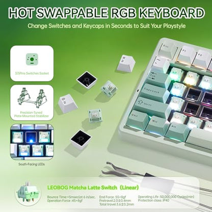 Aula Nova75 Mechanical Gaming Keyboard,Wireless Green Keyboard with Knob | Tri-mode Bluetooth/2.4GHz/USB-C,RGB Backlit,FR4 Plate,Hot Swappable Pre-lubed Switches,Programmable PBT Keycaps,8000mAh - color: White&Green