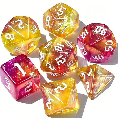 CiaraQ 7pcs Polyhedral Dice Set for Dungeon and Dragons MTG Table Games | Acrylic Role Playing Dice for D&D with Black Velvet Bag – Pink &Yellow with White Numbers – Standard Size – Ages 14+ - color: Pink to Yellow Glitter Gradient With White Numbers