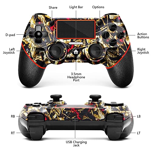 AceGamer Wireless Controller for PS4, Custom Design V2 Gamepad Joystick for PS4 with Non-Slip Grip of Both Sides and 3.5mm Audio Jack! Thumb Caps Included! (Gold Skull) - color: Gold Skull
