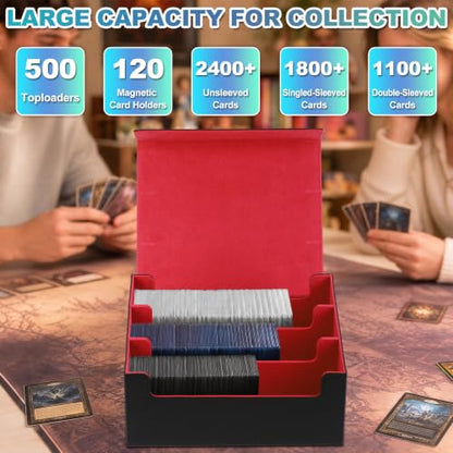 Trading Card Storage Box, Holds 1800 Sleeved Card, PU Magnetic Closure | 200 Toploaders and 600 Penny Sleeves INCLUDED, 10 Dividers and 6 Foam Stoppers INCLUDED, Fit for MTG, TCG and Sports Cards - color: Black and Red