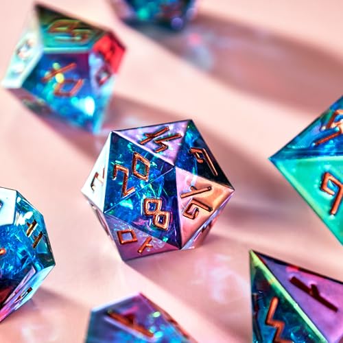 Iridescent DND Dice Set with Glowing LED Display Box – Sharp Edge Polyhedral Dice with Mesmerizing Finish | Bonus Stickers Included | Dungeons and Dragons (TTRPG) Dice Set - color: (Non-liquid Core) Iridescent - Aetherflare