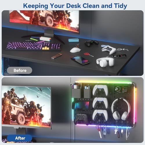 KDD 9 in 1 RGB Gaming Wall Organizer Peg Board - DIY Pegboard Combination Kit with Phone Stand/Pen Holder/Storage Box/Headset & Controller Holder/Hooks for Office & Home Gamer Room Decor Accessories