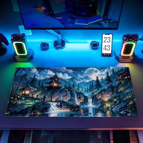 Pagoda Landscape Desk Pad, Large Extended Keyboard Mousepad 31.5x15.7 | Aesthetic mystical forest desk mat featuring comfortable 3mm padding, premium glides, and reliable grip base. - color: Full Moon