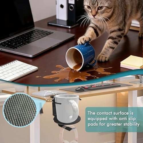 Metal Large Desk Cup Holder with 360° Rotating Headphone Hanger Under Desk, Anti-Spill Table Cup Holder Clamp for Coffee Mugs Bottles, Headset, Pencil Holder.