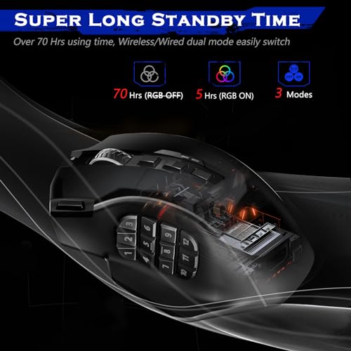 Redragon Wireless Gaming Mouse, MMO Gaming Mouse UP 16,000 DPI, 16 Macro Programmable Buttons, RGB Rechargeable with 12 Side Buttons, 70Hrs for PC Laptop MOBA FPS, M901P-KS - color: black