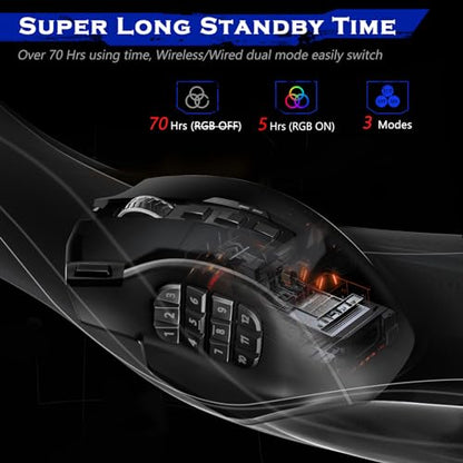 Redragon Wireless Gaming Mouse, MMO Gaming Mouse UP 16,000 DPI, 16 Macro Programmable Buttons, RGB Rechargeable with 12 Side Buttons, 70Hrs for PC Laptop MOBA FPS, M901P-KS - color: black