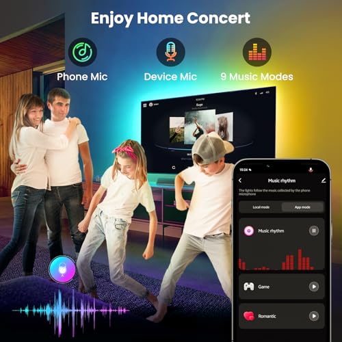 16.4ft LED Lights for 50-75 Inch TV, RGB+IC TV Lights Backlight Strip Behind, with 44 Scene Modes, Bluetooth APP and Voice Control, Music Sync Smart Ambient Lighting for Gaming, Bedroom, Living Room - size: 16.4ft