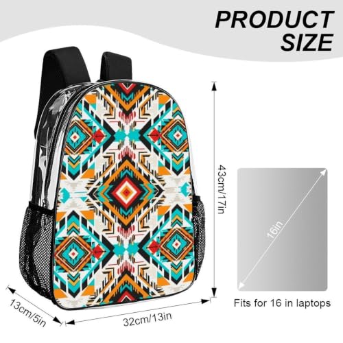 Reinforced Strap Clear See Through Backpack Concert Festival | Transparent, Indiana Western Southwest Tribal Ethnic Aztec, with Reinforced Bottom, Padded Shoulder Straps - color: Pattern (847)