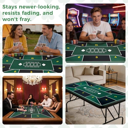 Poker Table Topper 70"x35" Poker Mat for Table Non Slip Rubber Backing Blackjack Mat with Carry Bag for Home Poker Card Game Night Up to 10 Players (Green with White Edges) - color: Green With White Edges