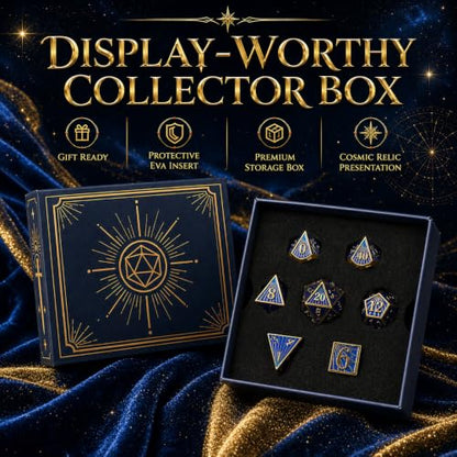 Radiant Array Metal DND Dice Set, 7-Piece RPG Dice | Solid zinc alloy dice with weighty feel, raised numbers, blue gold cosmic design, and a collector box for RPG play. - color: Blue