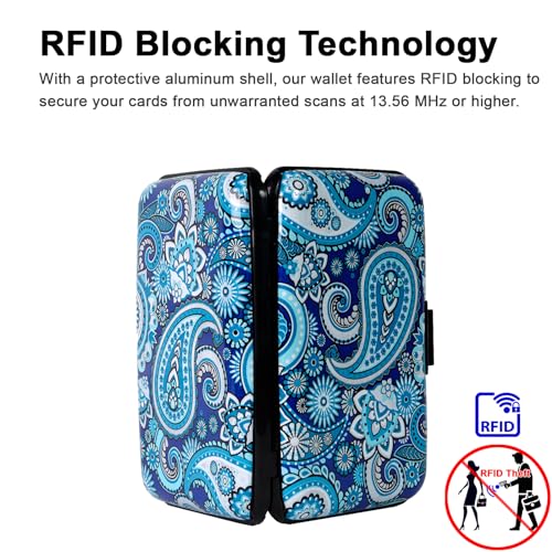 Credit Card Holder Small RFID Blocking Wallet Business Metal Slim Mini Aluminum Hard Case for Women Men - color: Floral Paisley Pattern