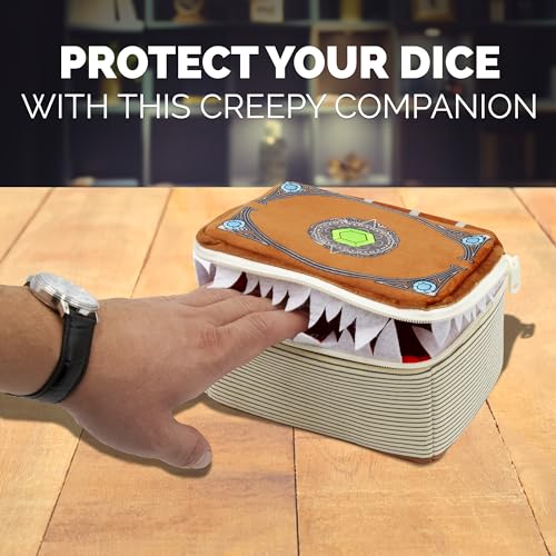 CASEMATIX Mimic Spell Book Dice Case with 7 Included RPG Dice - 7" Mimic Tome Chest Bag with Zipper Closure and Carabiner for 250 Polyhedral Pieces, Protective Novelty Holder for Tabletop Dice - style: Spellbook