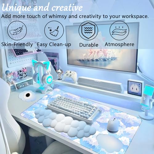 Blue Cloud Mouse Pad and Keyboard Wrist Rest 4PCS Extended Large Stars Desk Mat Pad Set Memory Foam Non-Slip Ergonomic Cute Gaming Mouse Pad Wrist Support for Computer Laptop Home Office - color: 4pcs Blue Cloud