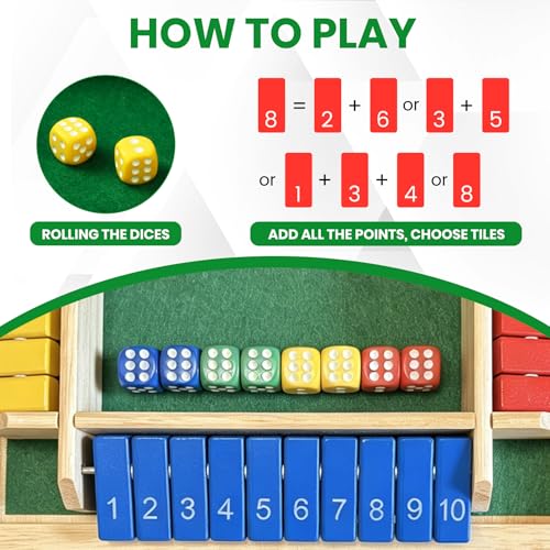 Shut The Box Dice Game, Wooden Strategy Board Game for 2-4 Players | Tabletop Math Game, 8 Dice Included, Velvet Storage Bag, Multicolor Design, Family Game Night, Pub Game - style: 4 Player-Multicolor