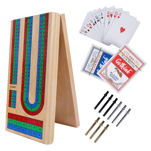 Offelec Upgraded Wooden Folding Cribbage Board Game Set - 3 Track Board with 2 Decks of Cards, 9 Metal Pegs & Storage | Portable Travel Cribbage for Kids, Adults and Family - color: Folding Cribbage Board