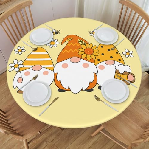 Famame Cute Sunflower Bee Gnomes Fitted Round Tablecloth Waterproof Table Cloth with Elastic Edge Wipe Clean Table Covers for Indoor Outdoor Fits 45"-50", Medium - color: Sunflower Bee Gnomes