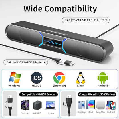 Computer Speakers for Desktop PC, Bluetooth PC Soundbar with Dual Bass Reflex for Monitor, USB Powered RGB Gaming Speakers with USB Wired Input, Stereo Sound for Laptop, Tablet and Desktop Setup