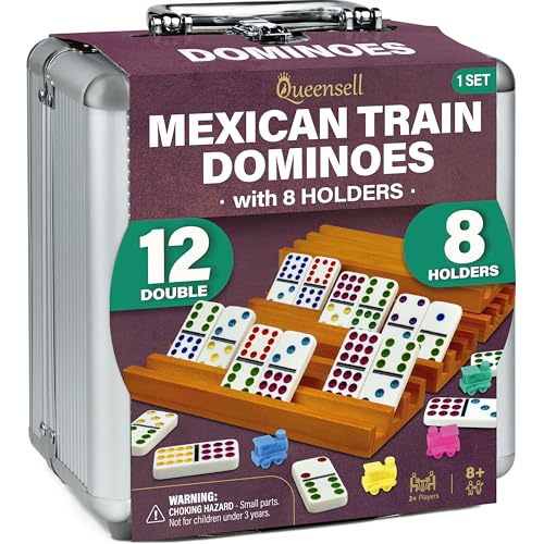 Queensell Mexican Train Dominoes Set with 8 Holders - Wooden Hub and Tiles Holders - Double 12 Tiles with Dots (D12 + 8 Holders) - style: D12 + 8 Holders