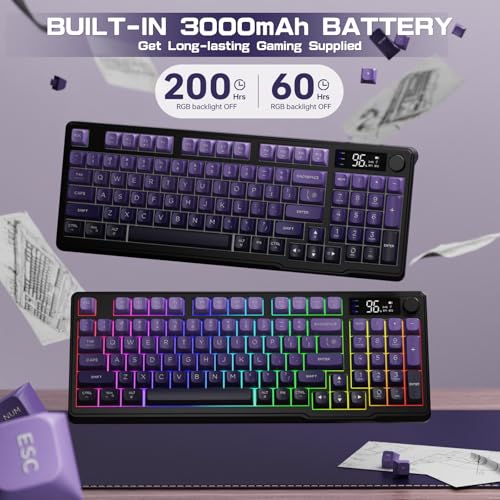 LexonElec M96 Wireless Keyboard, Low Profile Quiet Typing Membrane Gaming Keyboard with Smart Display & Knob, RGB Backlit, USB C Rechargeable, 94 Keys PBT Keycap for Windows PC,Mac,Linux-Grape Purple - color: Grape Purple