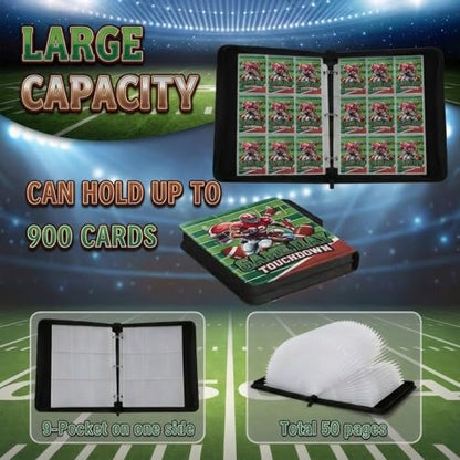 Trading Card Binder 9 Pocket, Football Card Binder Holds 900 Cards with 50 Removable Sleeves, Waterproof PU Leather with Zipper Card Collector Album Book Compatible with TCG Cards - color: Football