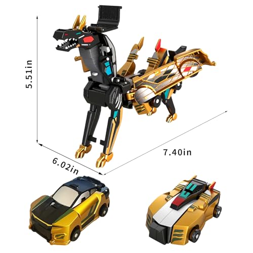 Golden Dragon Transforming Car Toy 2-in-1 Magnetic Collision Dinosaur Robot Luxury Metallic Convertible Crash Activated Toy No Batteries, Mother's Day Birthday Gift for Boys Girls Age 3-12 (Gold) - color: Gold