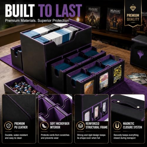 MTG Deck Box for Commander & TCG, Trading Card Storage Box with Handle | 7-in-1 Cards Deck Case with dual-sided windows, 2-layer design, 6 deck case, 1 dice tray, 6 magnetic holders & accessories - color: Super Large - Black Purple