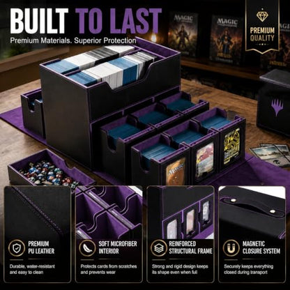 MTG Deck Box for Commander & TCG, Trading Card Storage Box with Handle | 7-in-1 Cards Deck Case with dual-sided windows, 2-layer design, 6 deck case, 1 dice tray, 6 magnetic holders & accessories - color: Super Large - Black Purple