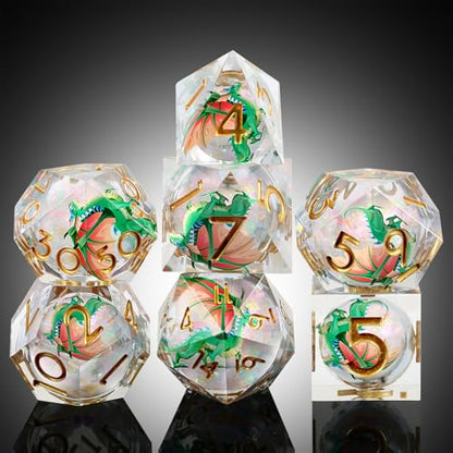 DNDND Green Dragon Dice with Golden Numbers | Liquid Core 7-Piece Sharp Edge D&D Dice Set | Dragon Themed Collectible Metal Case | RPG Tabletop Gaming Gift - color: Liquid Dragon Green