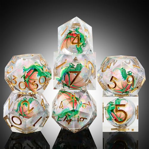 DNDND Green Dragon Dice with Golden Numbers | Liquid Core 7-Piece Sharp Edge D&D Dice Set | Dragon Themed Collectible Metal Case | RPG Tabletop Gaming Gift - color: Liquid Dragon Green