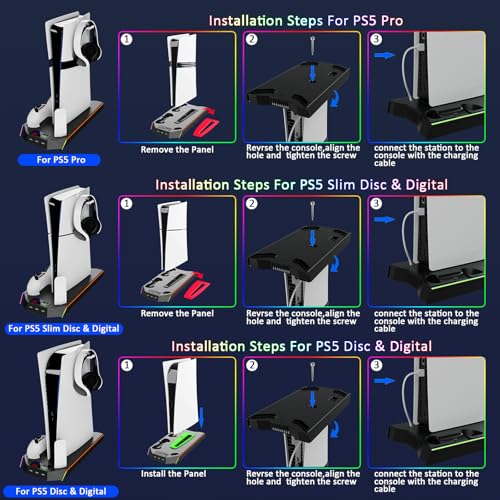 PS5/Slim/Pro Cooling Station for PlayStation 5 Console,PS5 Cooler Fan with Dual PS5 Controller Charger Incl. 3 Level Fans,Headset,USB Hubs,PS5/Slim Stand for PlayStation 5 Accessories - color: RGB-Black