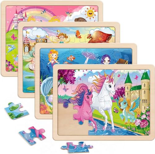 Wooden Puzzles for Kids Ages 4-6, 4 Packs 24 PCs Unicorn Mermaid Princess Fairy Jigsaw Puzzles, Preschool Educational Brain Teaser Toys for Girls 3 4 5 6 Years Old. - color: Unicorn Mermaid
