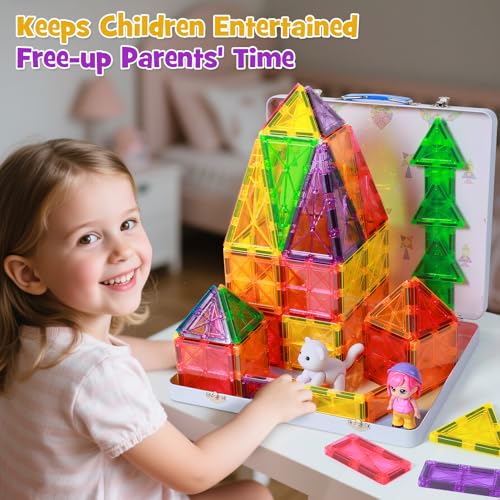 Premium Magnetic Tiles 100pcs: Durable STEM Building Blocks Kids 3-8 | Iron case with handle, lid as play base. 7.5cm tiles, sealed, ASTM & CPSIA safe. Montessori STEM for preschool. Gift 3-8 - size: 100 PCS