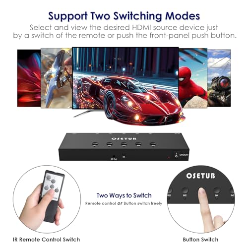 4K@60Hz 5 in 1 Out HDMI Switch, 5 Port HDMI Switcher Selector Support HDR10 & HDCP 2.2 & Full 3D with IR Remote Control Compitable with Nintendo Switch,Xbox PS5/4,Fire Stick,Roku,Apple TV for Gaming - size: 4K@60Hz 5 in 1 Out HDMI Switch Upgraded