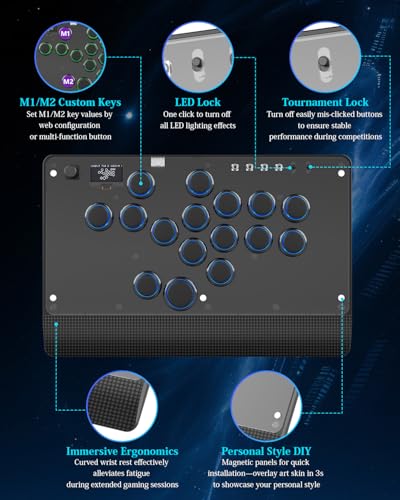 GM-16 Leverless Arcade Stick, Magnetic Detachable Panel, All-Button Fight Controller with 16 Keys, Tournament Lock with OLED, RGB, Turbo & Hot-Swappable for PS4/PS3/PC/Switch, Black