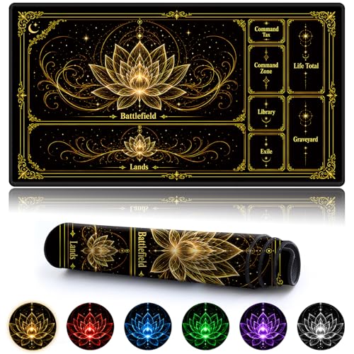 Playmat for MTG with Zones, 24 x 14 Inch Card Game Mat, Stitched Edges, Non Slip Rubber Base, 2mm Washable Play Mat with Storage Bag, Lotus Flower Design, Gold Color - color: Gold