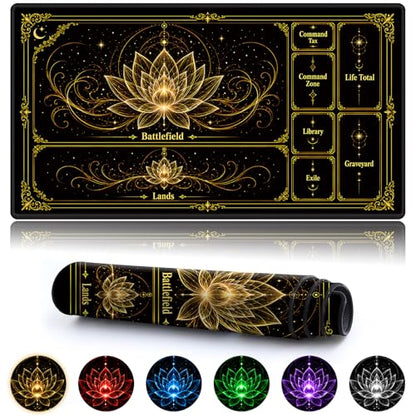 Playmat for MTG with Zones, 24 x 14 Inch Card Game Mat, Stitched Edges, Non Slip Rubber Base, 2mm Washable Play Mat with Storage Bag, Lotus Flower Design, Gold Color - color: Gold