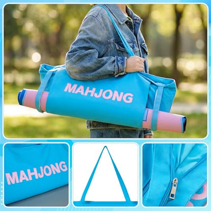 Abbylike 28x9 Inches Mahjong Bag for Rolled Mat Tiles Racks Pushers Accessories Empty Mahjong Tote Bag with Zipper Closure Outer Pockets Lining Large Capacity(Blue,Canvas) - color: Blue