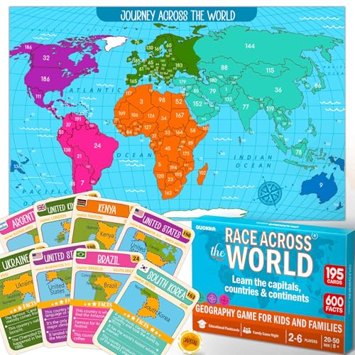 Quokka Board Games for Kids 8-12 - Family Games for Kids and Adults - Journey Across the World Card Game Ages 5-9 - Learn Capitals, Flags, Facts, and Map Locations with 195 World Map Cards - color: 5. World Board Game