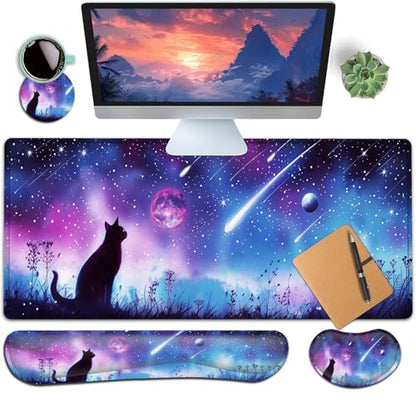 Large Gaming Mouse Pad+ Keyboard Wrist Rest Set, Ergonomics Memory Foam Mouse Mat Wrist Rest Support for Home Office, Waterproof Extended Mousepad 31.5x11.8in, Black Cat Starry Night Desk Pad - color: Yvb-mousepad-9-f-158