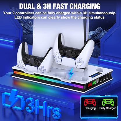 PS5/Pro/Slim Stand and Cooling Station with Controller Charging Station for Playsation 5 Disc Digital Console, PS5 Accessories Incl. 3 Level Cooling Fan, LED, 3 USB Hub, Media Slot, Headset Holder