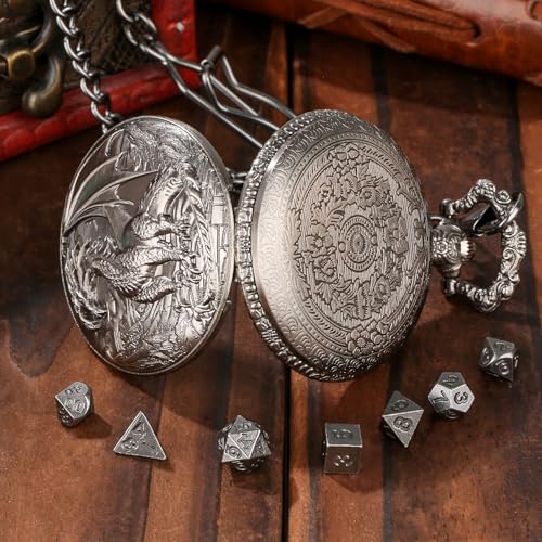 Mini DND Dice Set with Steampunk Dragon Pocket Watch Shell Case, 7pcs Polyhedral Metal DND Dice Set, DND Starter Set, D&D Gifts with Dragon Logo Gift Bag, Role Playing Board Games Accessories, Silver - color: Silver