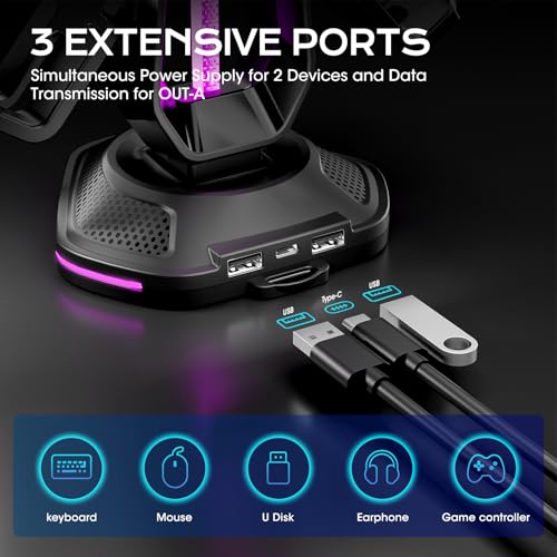Saitake RGB Controller Holder with 9 Light Modes,Controller Stand with 2 USB Ports,Headset Stand for Desk-Headphone Holder Suitable for Xbox PS4 5 Switch Controllers Gaming Room Deco - color: Black