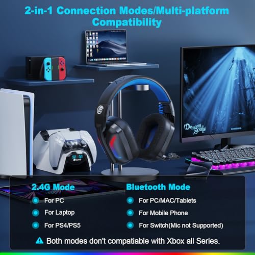 Fachixy Wireless Gaming Headset with Microphone for PC, PS5, PS4, Bluetooth Gaming Headphones - Fast Charge 50Hr Battery, Cool LED Lights for Switch, Laptop, Mobile, Mac 2.4GHz Gamer Headset